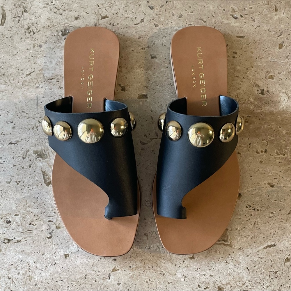 KURT GEIGER Black Leather Gold Ball Studded Toe Ring Sandals - EU 38 / 7.5-8 NIB - Picture 2 of 14
